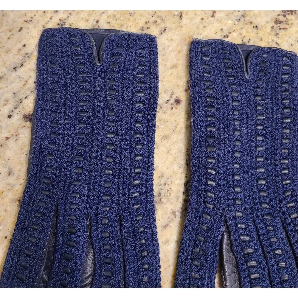 Vintage Size M 7 Blue Leather And Knit Handmade Gloves Hammer Of Hollywood